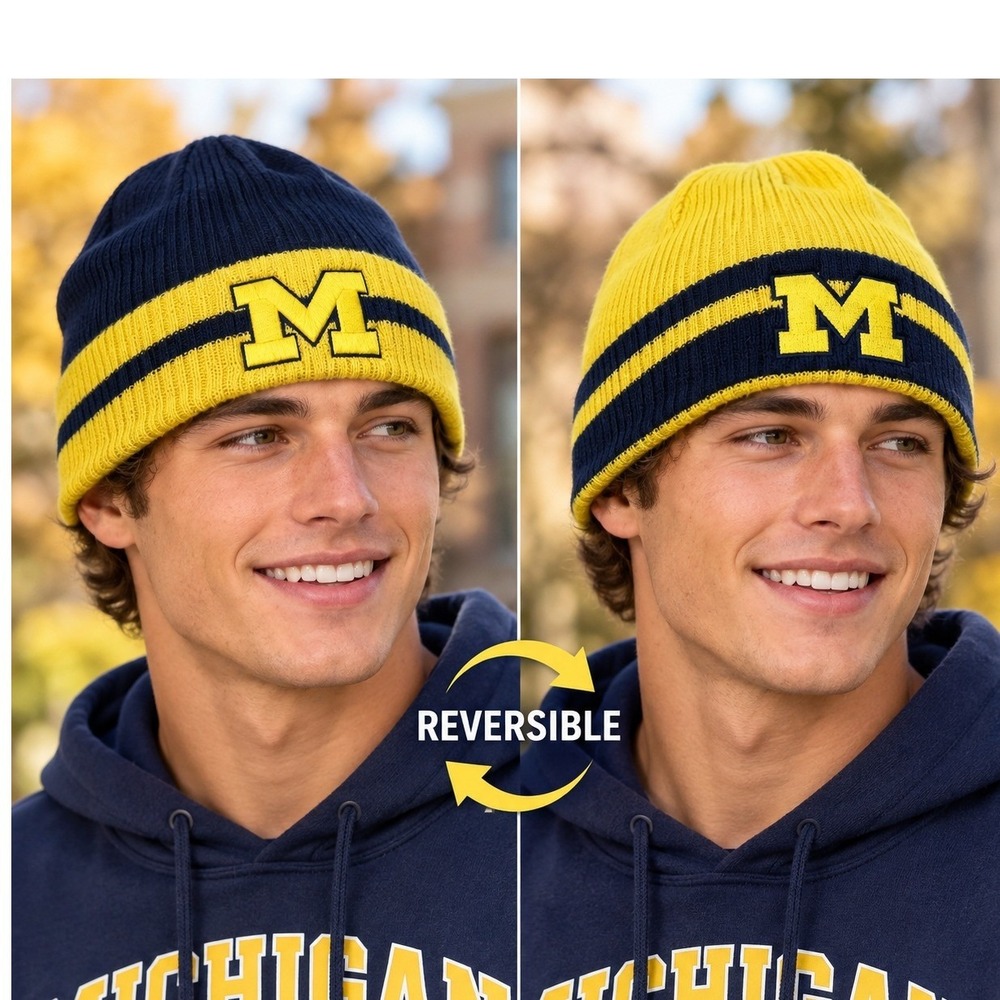 NWT Top of the World Michigan Wolverines Reversible Beanie Navy Maize Knit Hat